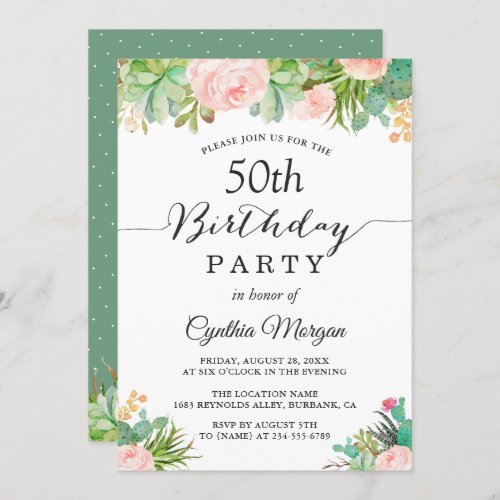 Rustic Succulent Cactus Floral 50th Birthday Party Invitation - Rustic Succulent Cactus Floral 50th Birthday Party Invitation. 
(1) For further customization, please click the "customize further" link and use our design tool to modify this template. 
(2) If you prefer Thicker papers / Matte Finish, you may consider to choose the Matte Paper Type. 
(3) If you need help or matching items, please contact me.