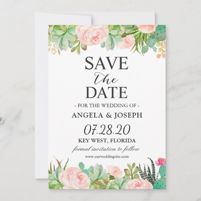 Rustic Succulent Cactus Floral Wedding Save The Date (Front)