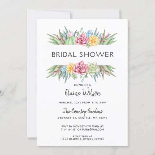 Rustic Succulent Cactus Rose Floral Bridal Shower Invitation