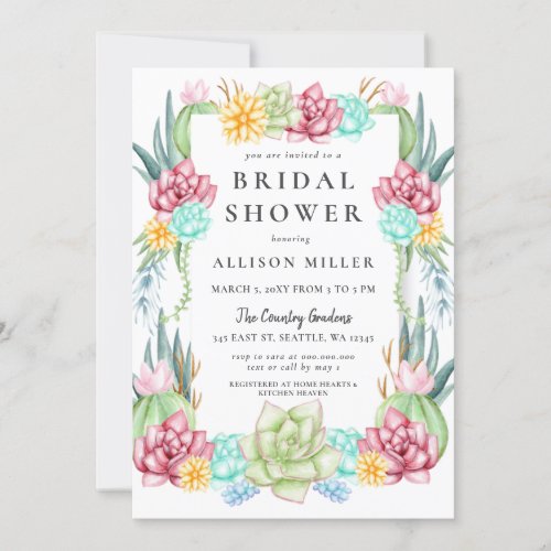 Rustic Succulent Cactus Rose Floral Bridal Shower Invitation