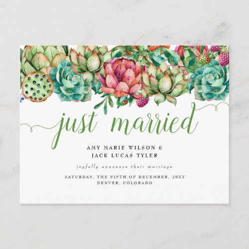 Rustic Succulent Cactus Wedding Announcement Postcard