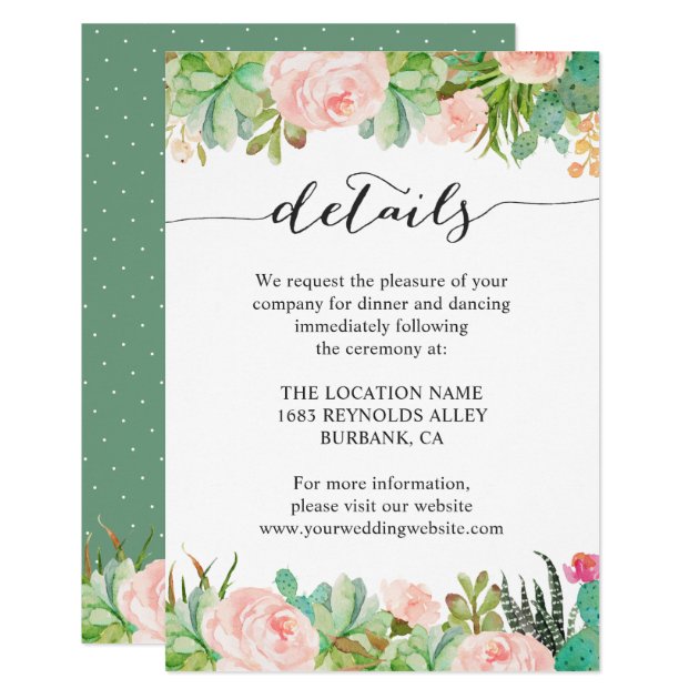 Rustic Succulent Cactus Wedding Reception Details Card