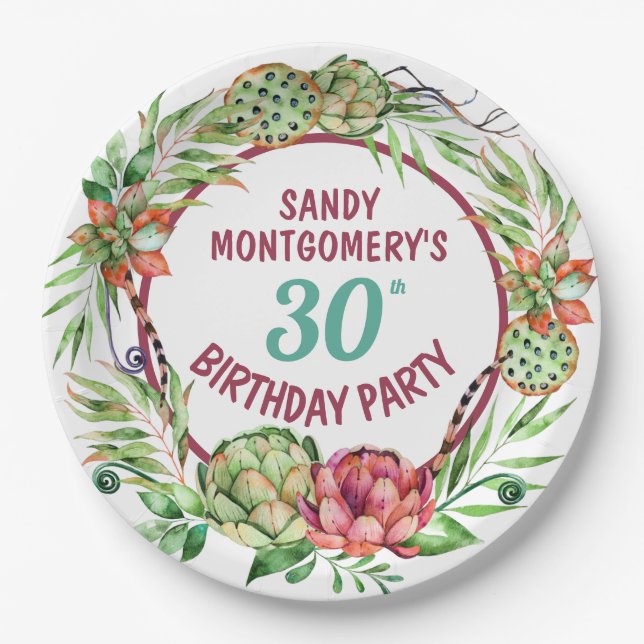 Rustic Succulent Floral 30th Birthday -Paper Plate (Front)