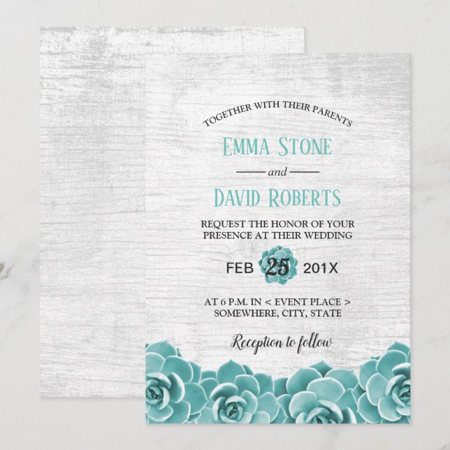Rustic Succulent Floral Barn Wood Elegant Wedding Invitation (Front/Back)