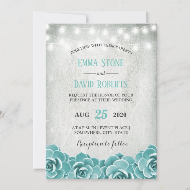 Rustic Succulent Floral String Lights Wedding Invitation (Front)