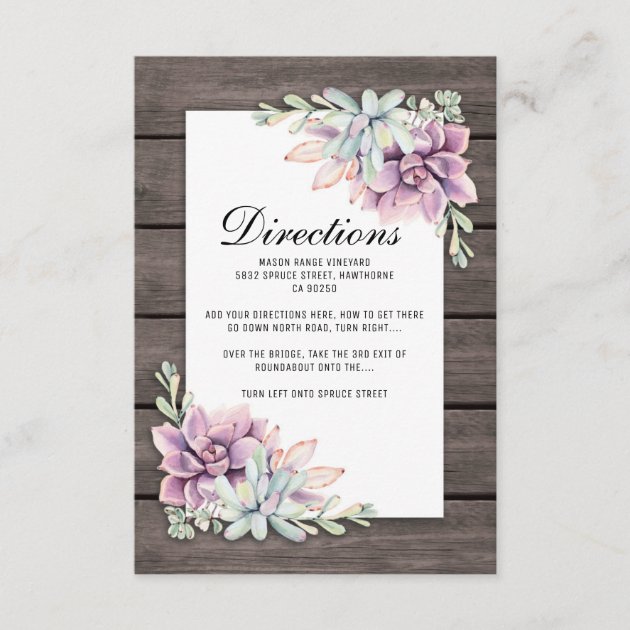 Rustic Succulent Floral Wedding Directions Enclosure Card