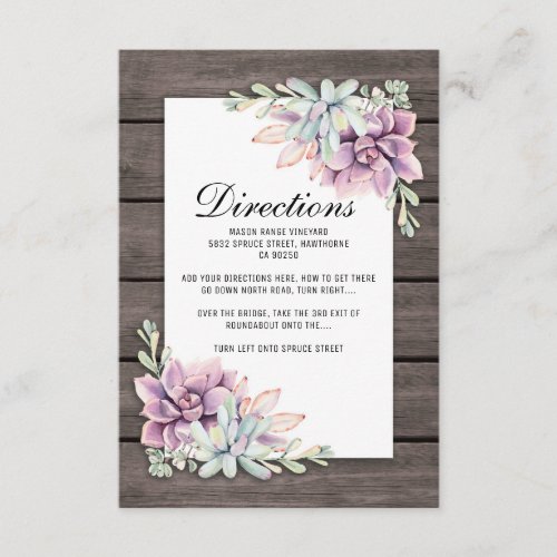 Rustic Succulent Floral Wedding Directions Enclosure Card - Country chic wedding direction cards featuring a rustic wood barn background, a succulent corner display and a wedding direction text template. Click on the “Customise it” button for further personalisation of this template. You will be able to modify all text, including the style, colours, and sizes. You will find matching items further down the page, if however you can't find what you looking for please contact me.