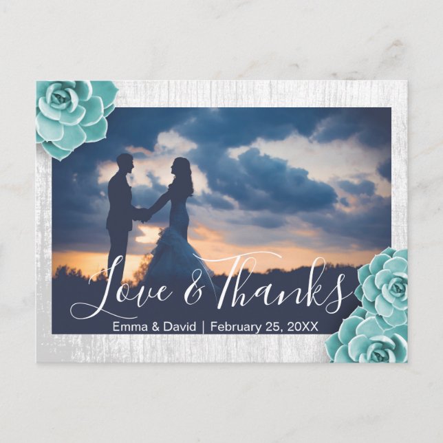 Rustic Succulent Floral Wedding Photo Thank You Postcard (Front)