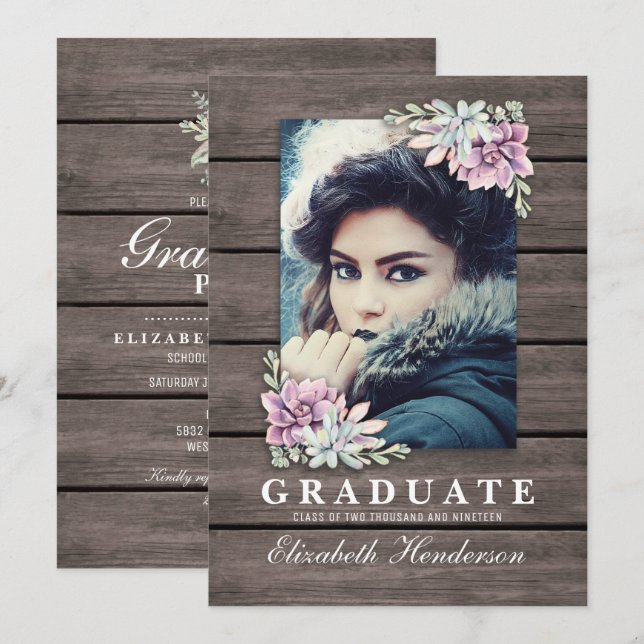 Rustic Succulent Photo 2025 Graduation Party Invitation (Front/Back)