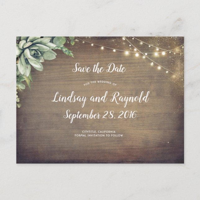 Rustic Succulents Greenery Save the Date Announcement Postcard (Front)
