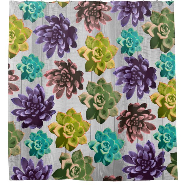 Rustic Succulents & Light Gray Wood Planks Shower Curtain (Front)