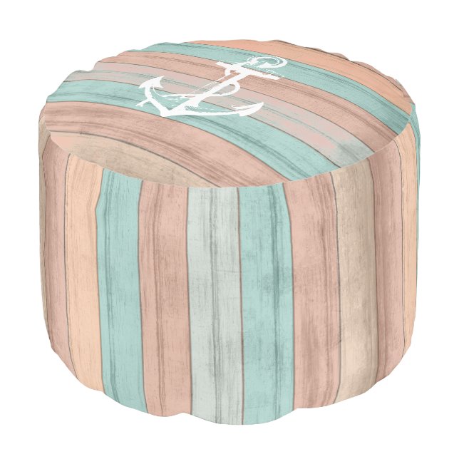 Rustic Summer Beach Wood Nautical Stripes & Anchor Pouf (Angled Front)