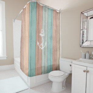 Rustic Summer Beach Wood Nautical Stripes & Anchor Shower Curtain
