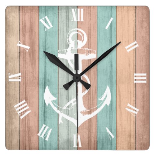 Rustic Summer Beach Wood Nautical Stripes & Anchor Square Wall Clock