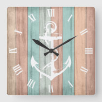 Rustic Summer Beach Wood Nautical Stripes &amp; Anchor Square Wall Clock