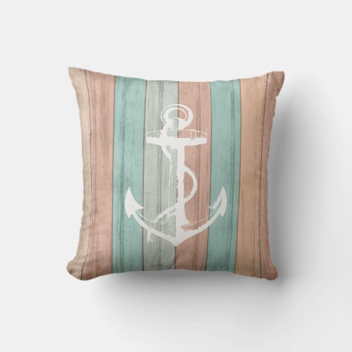 Rustic Summer Beach Wood Nautical Stripes  Anchor Throw Pillow