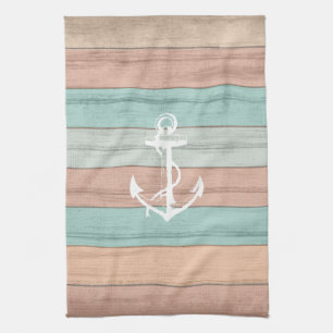 Rustic Summer Beach Wood Nautical Stripes & Anchor Towel