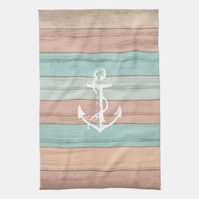 Rustic Summer Beach Wood Nautical Stripes & Anchor Towel (Vertical)