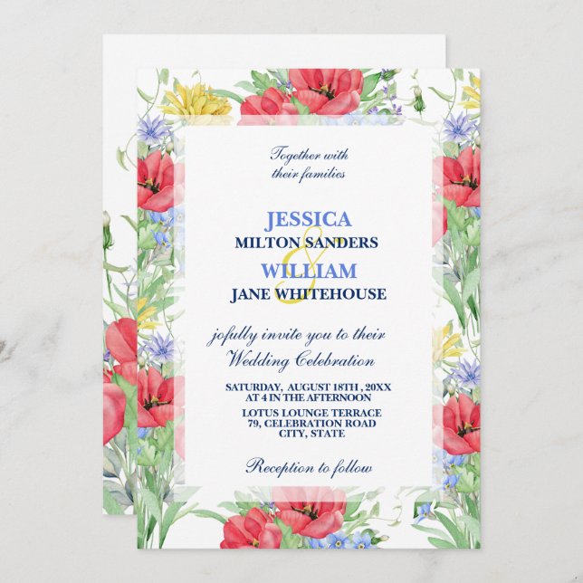 Rustic Summer Colorful Wildflowers Wedding Invitation (Front/Back)