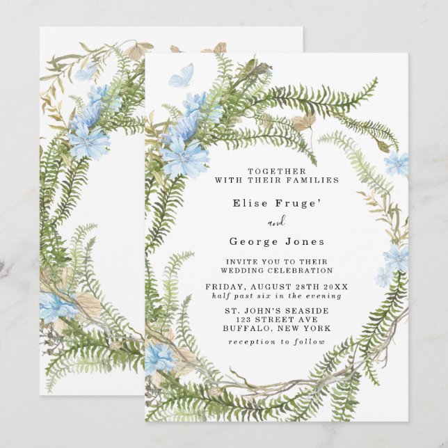 Rustic Summer Fern Wreath Butterfly Wedding Invita Invitation (Front/Back)