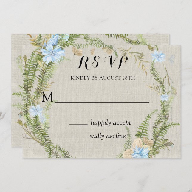Rustic Summer Fern Wreath Wedding Rsvp Invitation (Front/Back)
