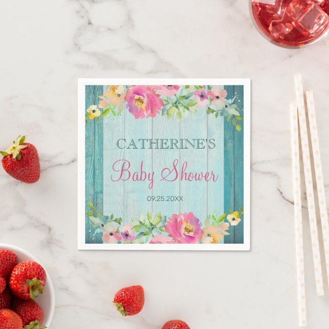 Rustic Summer Floral Blue Barn Wood Baby Shower Napkins (Insitu)