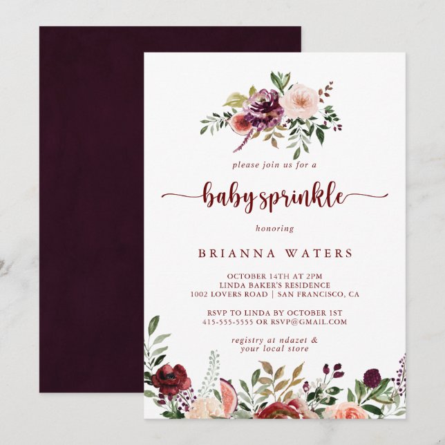 Rustic Summer Floral Calligraphy Baby Sprinkle  Invitation (Front/Back)