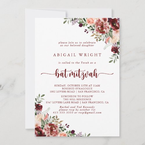 Rustic Summer Floral Calligraphy Bat Mitzvah Invitation