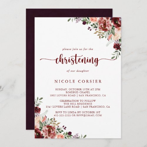Rustic Summer Floral Calligraphy Christening  Invitation