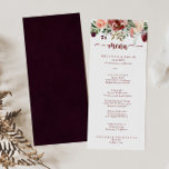 Rustic Summer Floral Calligraphy Dinner Menu<br><div class="desc">This rustic summer floral calligraphy dinner menu card is perfect for a simple wedding. The design features burgundy,  pink and blush watercolor flowers with green leaves in a brownish stained background.

This menu can be used for a wedding reception,  rehearsal dinner,  bridal shower or any event.</div>