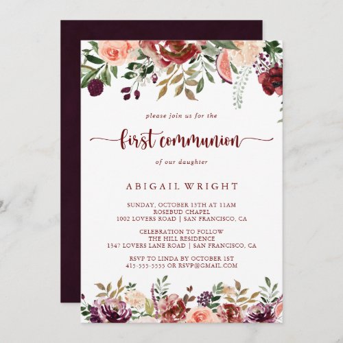 Rustic Summer Floral Calligraphy First Communion  Invitation