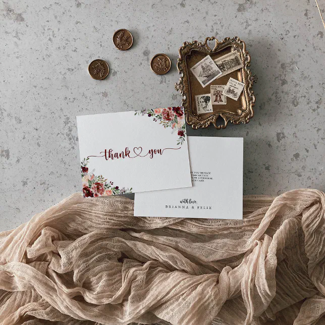 Rustic Summer Floral Calligraphy Flat Wedding Thank You Card | Zazzle
