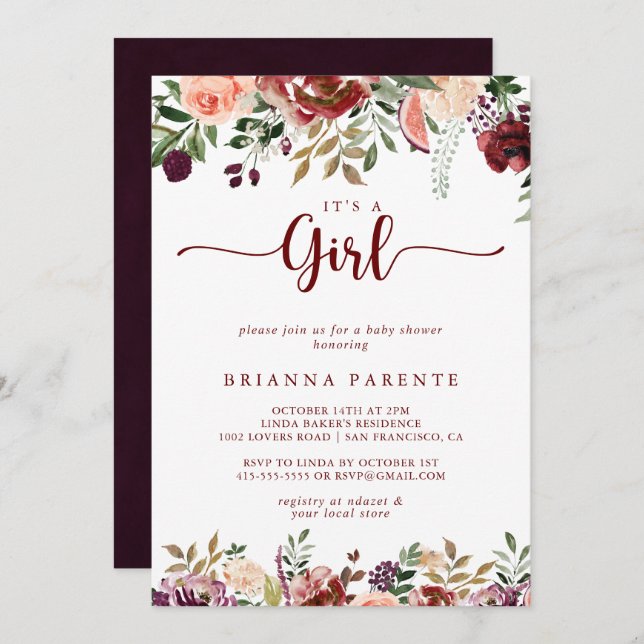 Rustic Summer Floral It's A Girl Baby Shower  Invitation (Front/Back)