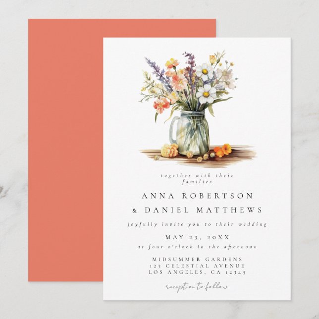 Rustic Summer Floral Mason Jar Wedding Invitation (Front/Back)
