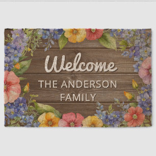 Rustic Summer Flowers Welcome Personalized Fiber Doormat