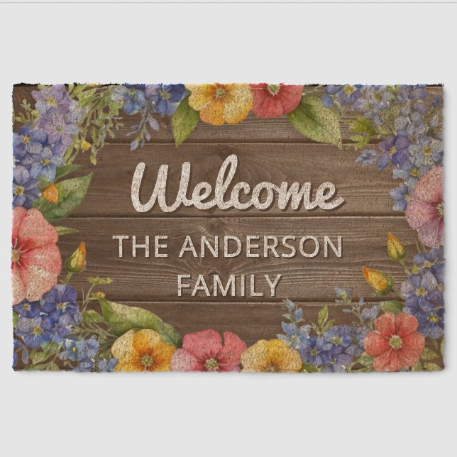 Rustic Summer Flowers Welcome Personalized Fiber Doormat (Front)