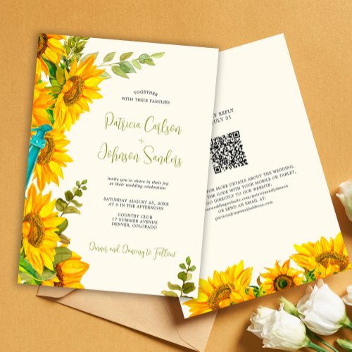 Rustic summer sunflower wedding QR code to RSVP Invitation