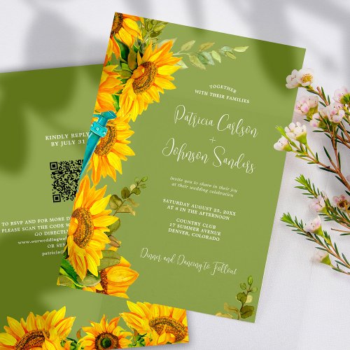 Rustic summer sunflower wedding QR code to RSVP Invitation