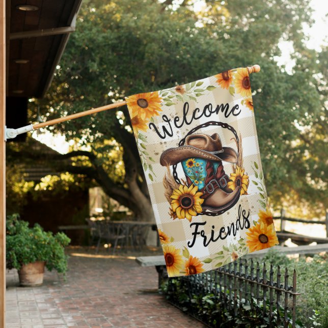 Rustic Summer Sunflower Welcome House Flag (In SItu)