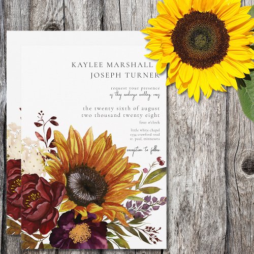 Rustic Summer Sunflowers  Burgundy Floral Invitation