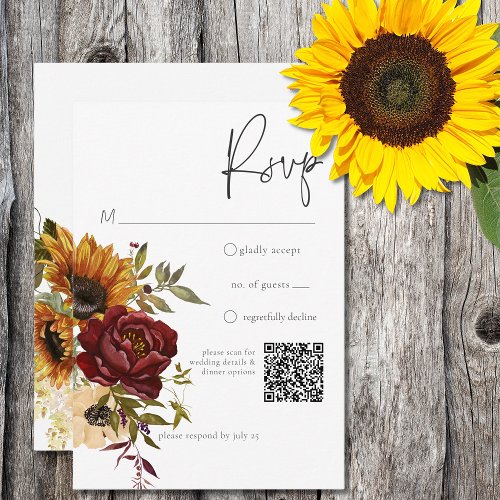 Rustic Summer Sunflowers  Burgundy Floral RSVP Card