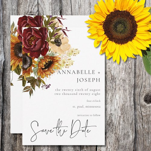 Rustic Summer Sunflowers  Burgundy Floral Save The Date