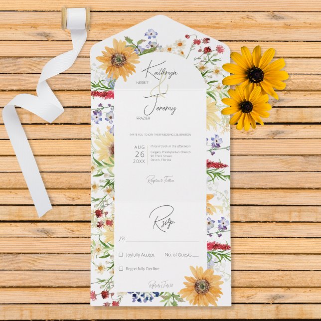 Rustic Summer Wildflower Sunflower White No Dinner All In One Invitation (Creator Uploaded)