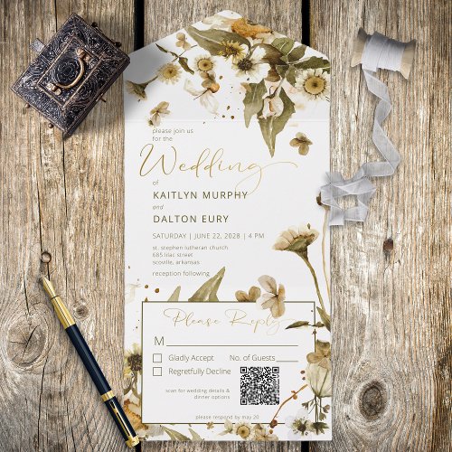 Rustic Summer Wildflowers  Daisies QR Code All In One Invitation