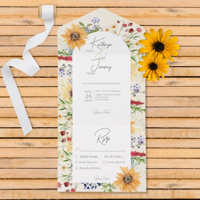 Rustic Summer Wildflowers Sunflowers Cream Dinner All In One Invitation (Creator Uploaded)