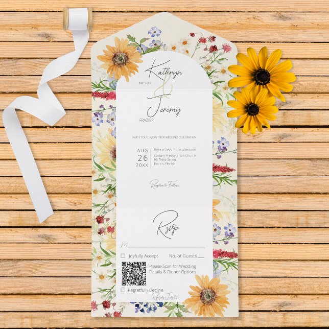Rustic Summer Wildflowers Sunflowers Cream QR Code All In One Invitation (Creator Uploaded)
