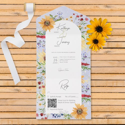 Rustic Summer Wildflowers Sunflowers Peri QR Code All In One Invitation