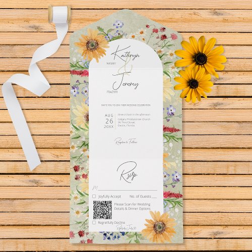 Rustic Summer Wildflowers Sunflowers Sage QR Code All In One Invitation
