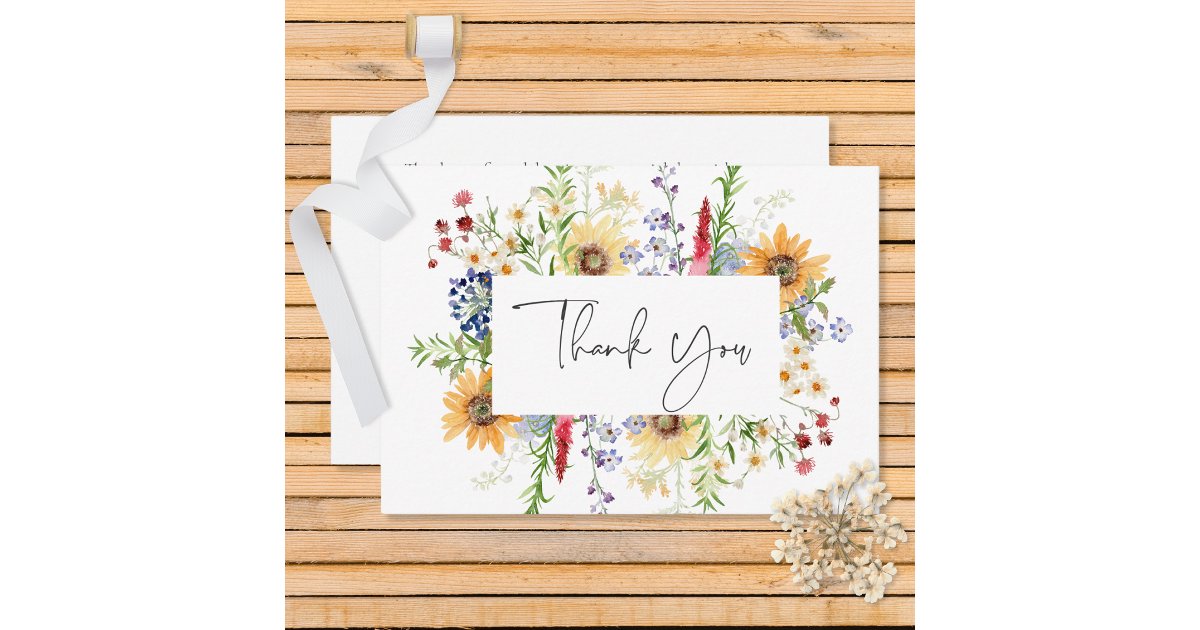 Rustic Summer Wildflowers & Sunflowers Wedding Thank You Card | Zazzle