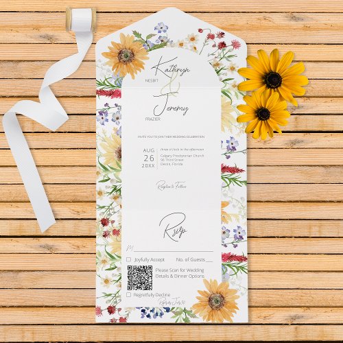 Rustic Summer Wildflowers Sunflowers White QR Code All In One Invitation